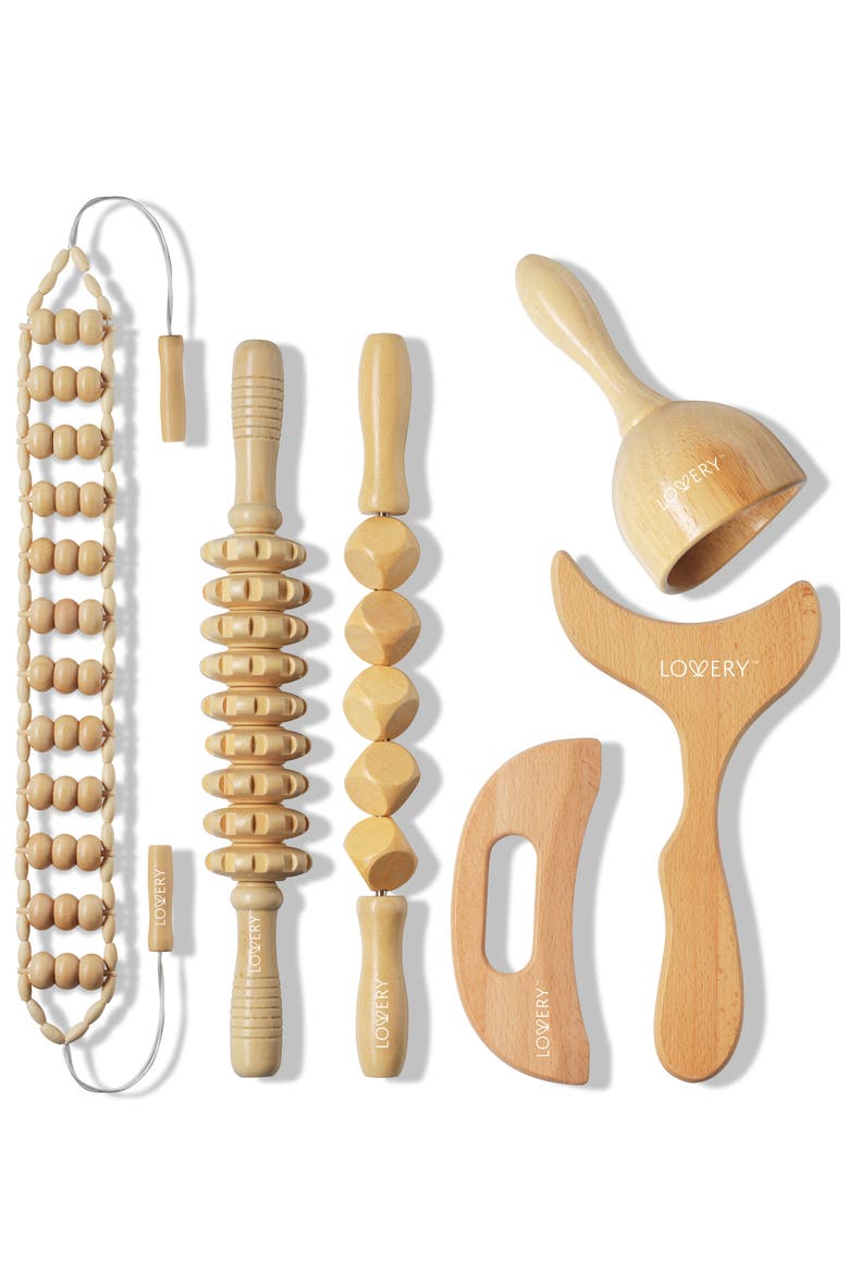 6-Piece Wooden Massage Tool Kit - Natural Wood Therapy Set for Body Sculpting & Relaxation, Main, color, Wood