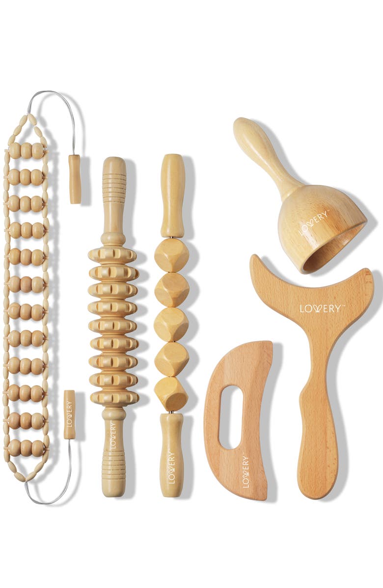 Lovery 6-Piece Wooden Massage Tool Kit - Natural Wood Therapy Set for Body Sculpting & Relaxation, Main, color, Wood