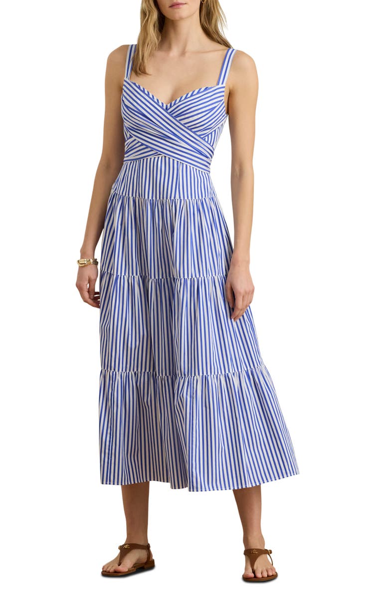 Lauren Ralph Lauren Stripe Tiered Cotton Broadcloth Sundress, Main, color, Blue/ White