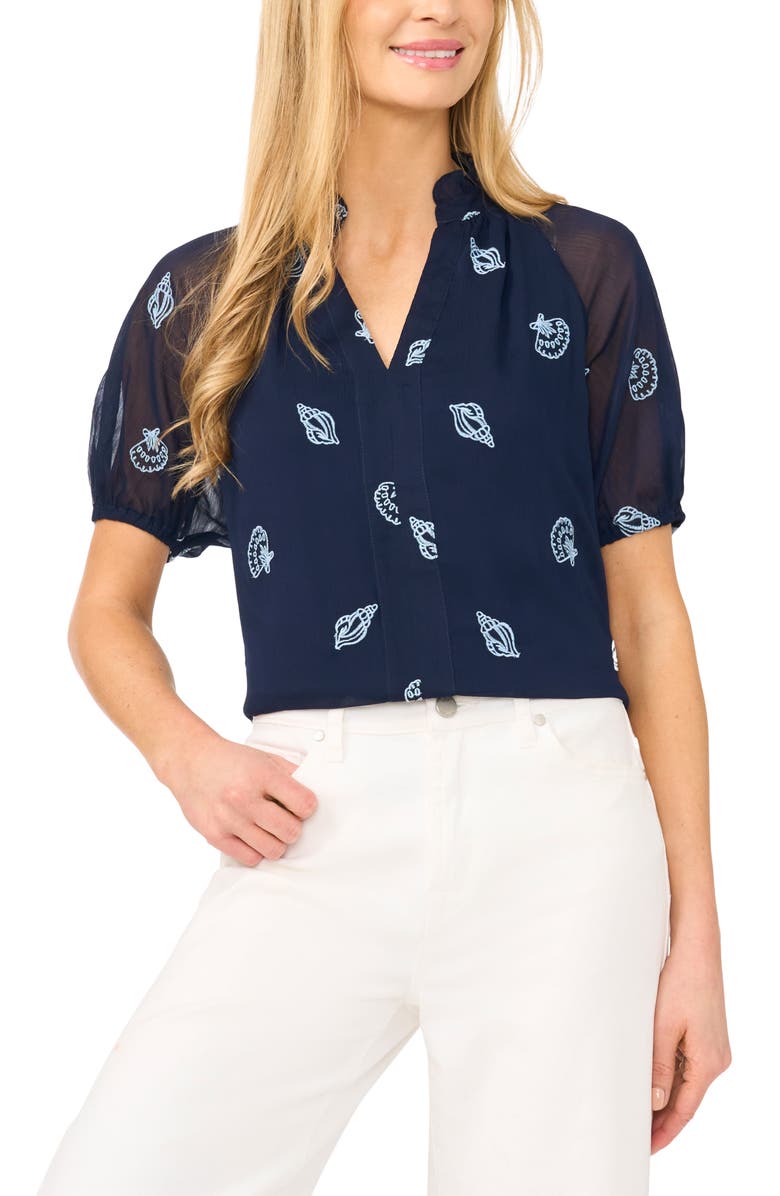 CeCe Embroidered Ruffle Puff Sleeve Top, Main, color, Classic Navy
