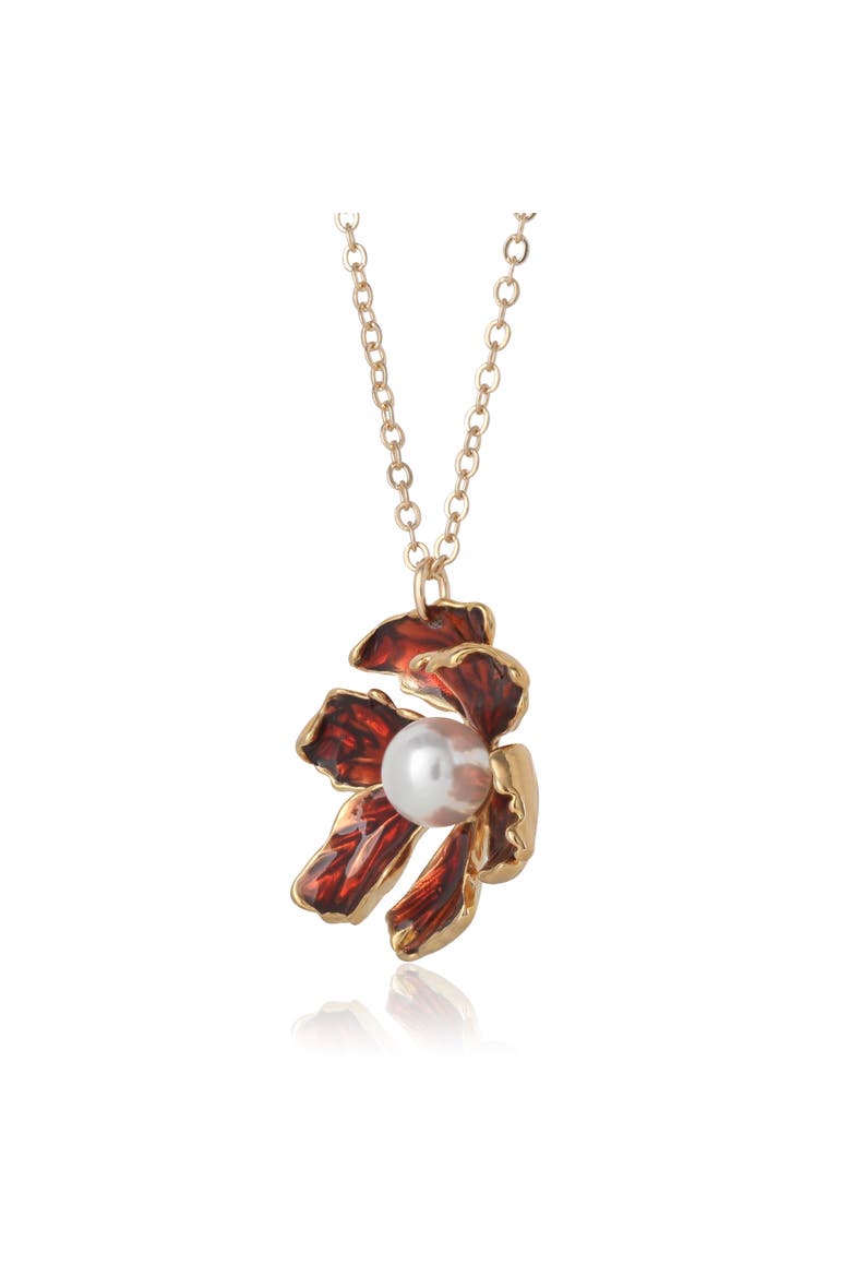 Gold-Tone Floral Pendant Necklace with Pearl Detail, Alternate, color, Burgundy