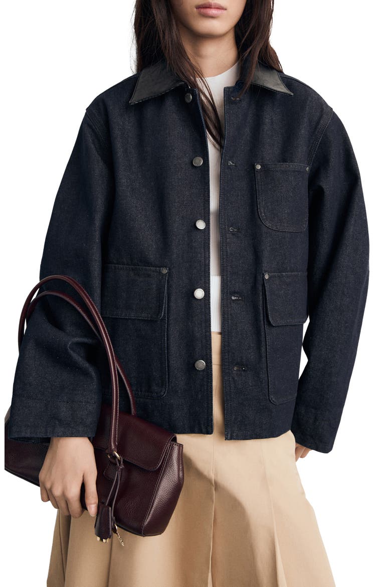 Faux Leather Collar Denim Jacket, Main, color, OPEN BLUE