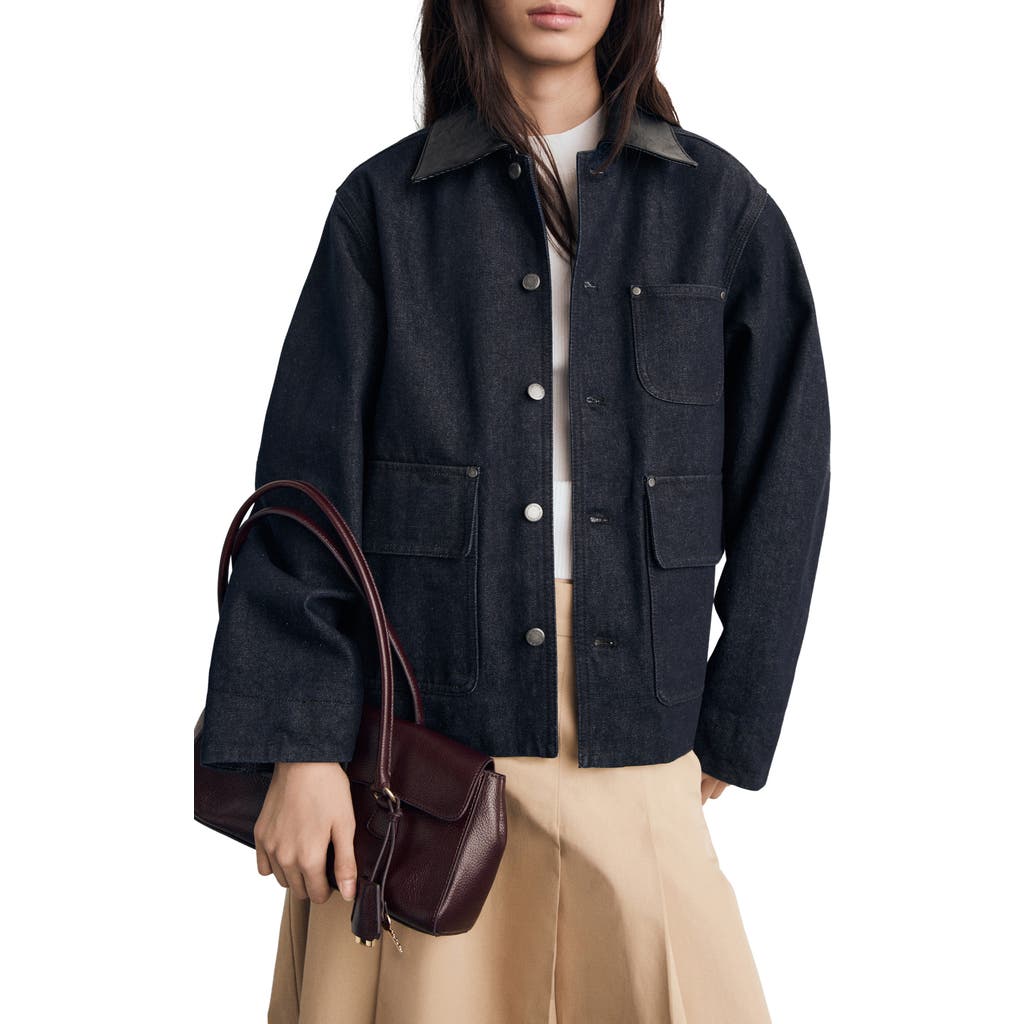 Mango Faux Leather Collar Denim Jacket In Black