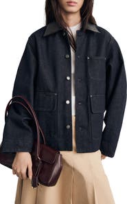 MANGO Faux Leather Collar Denim Jacket
