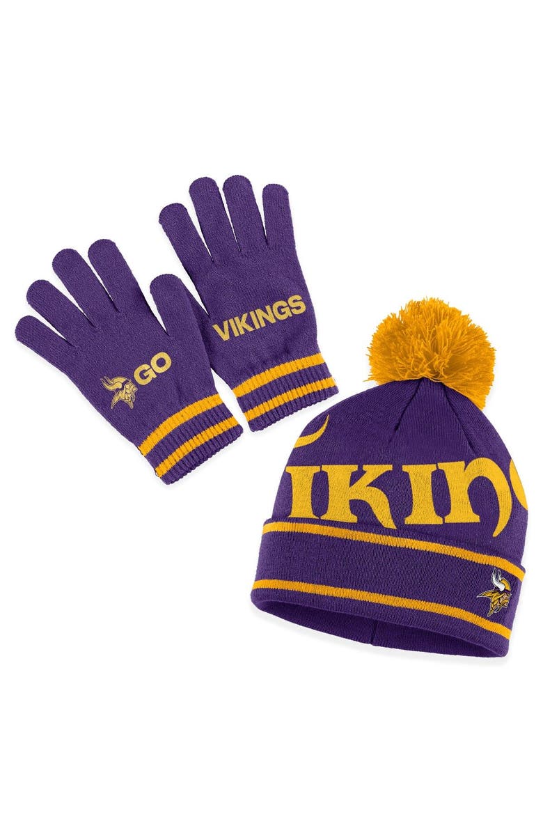 WEAR by Erin Andrews Women's WEAR by Erin Andrews  Purple Minnesota Vikings Double Jacquard Cuffed Knit Hat with Pom and Gloves Set, Main, color, 