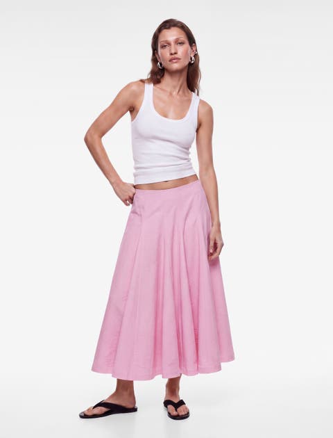 A-Line Pleated Cotton Midi Skirt