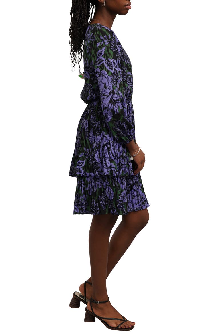 Pleated Tiered Tie Belt Long Sleeve Dress, Alternate, color, IKAT FLORA