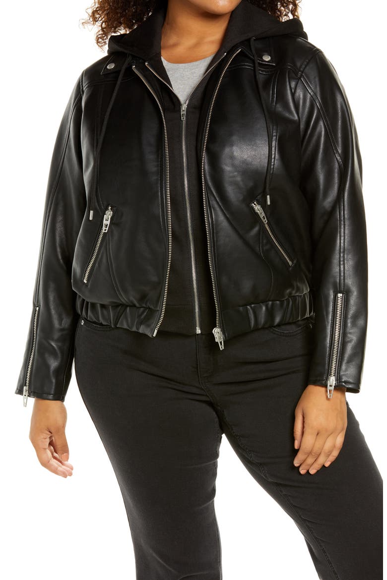 Faux Leather Jacket with Hooded Bib Insert, Main, color, BANKROLLER