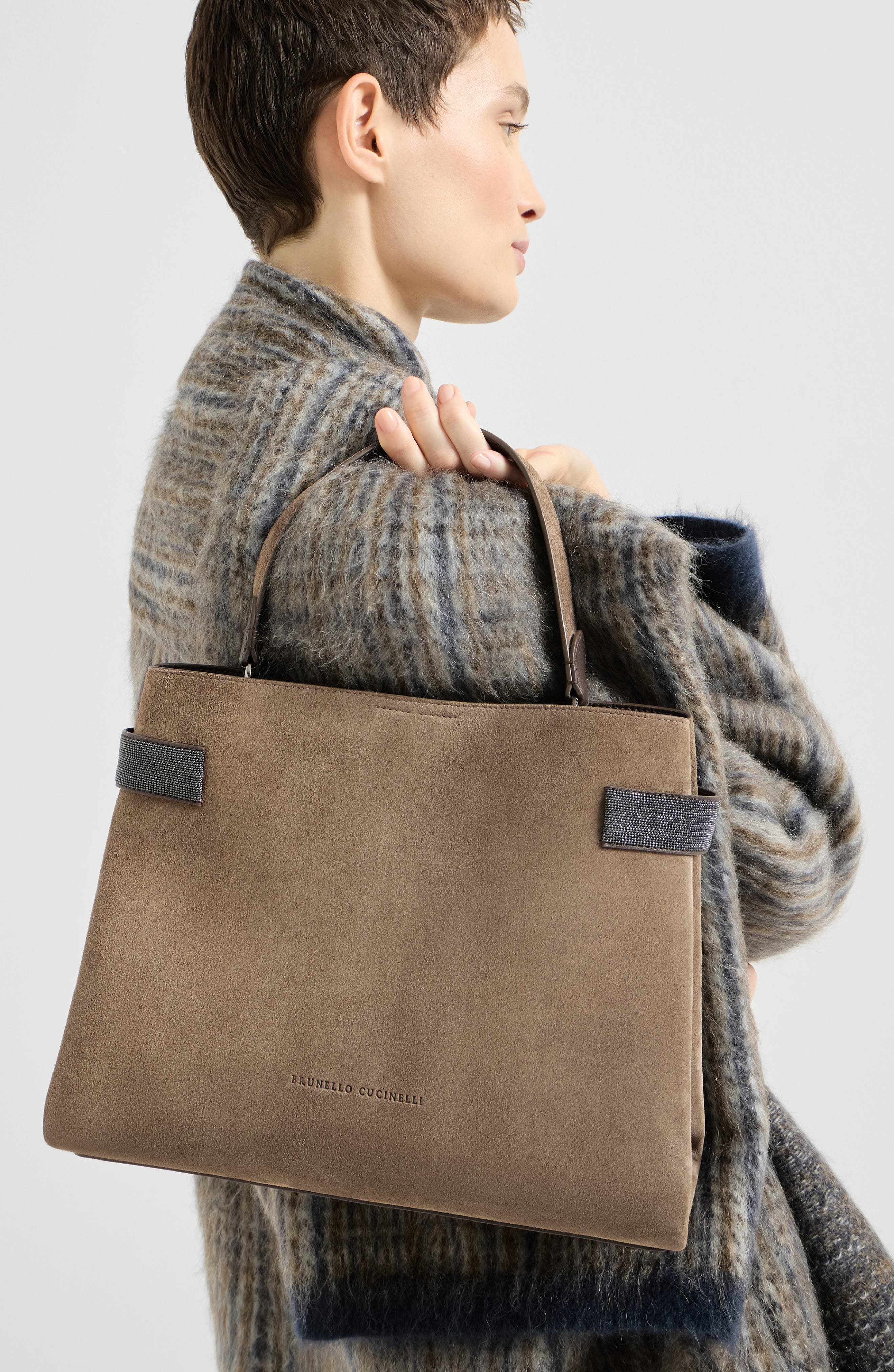 Essence top-handle bag in suede with precious bands, Alternate, color, Bark