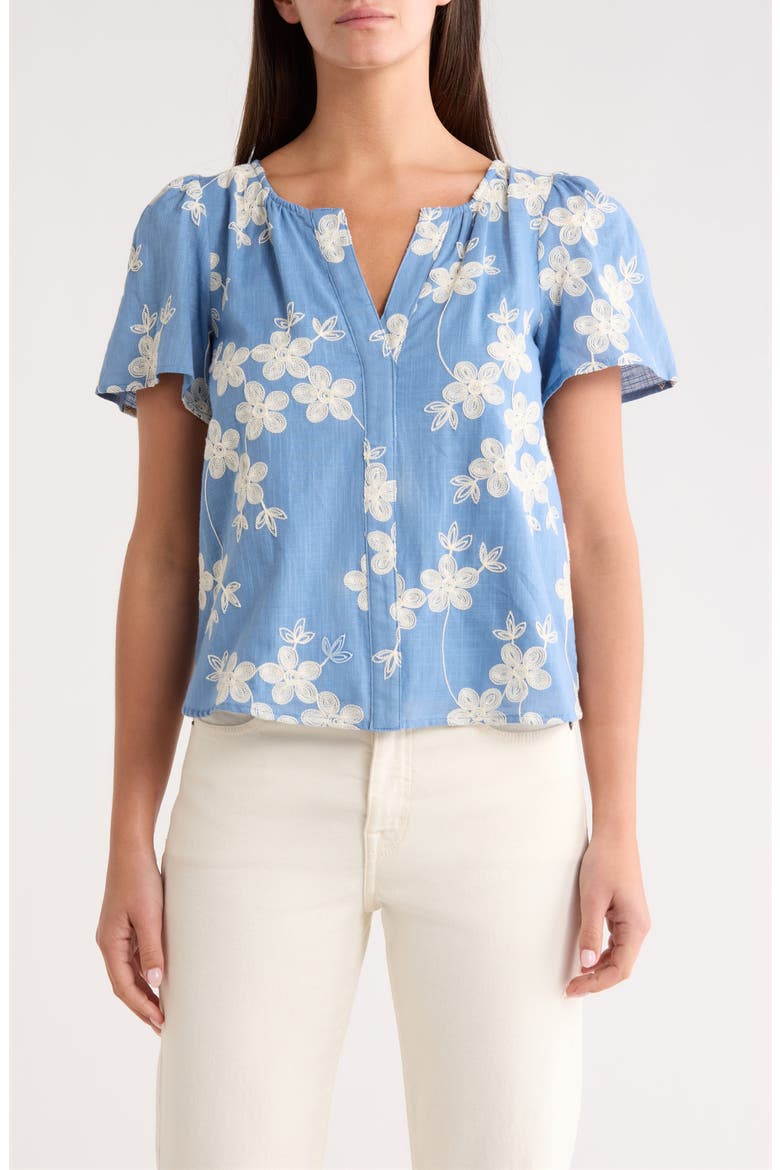 Keren Embroidered Split neck Top, Main, color, BLUE WHITE