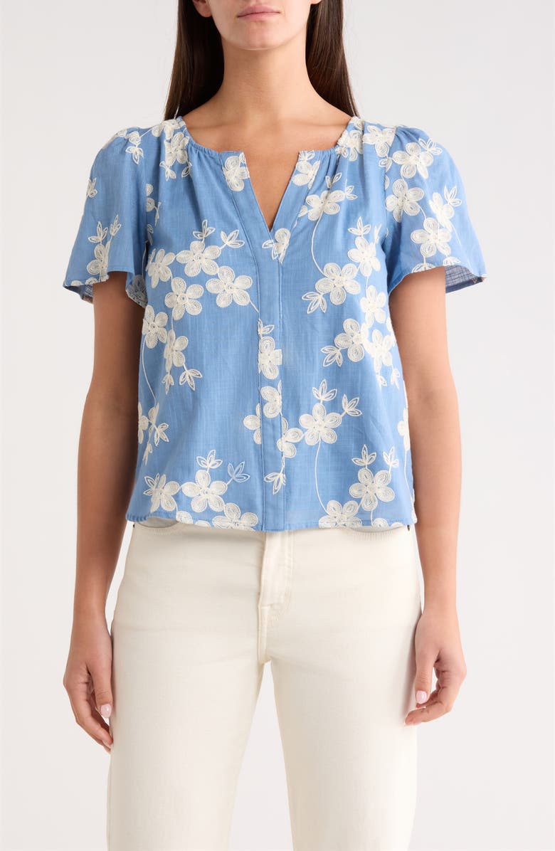 SUGARLIPS Keren Embroidered Split neck Top, Main, color, Blue White