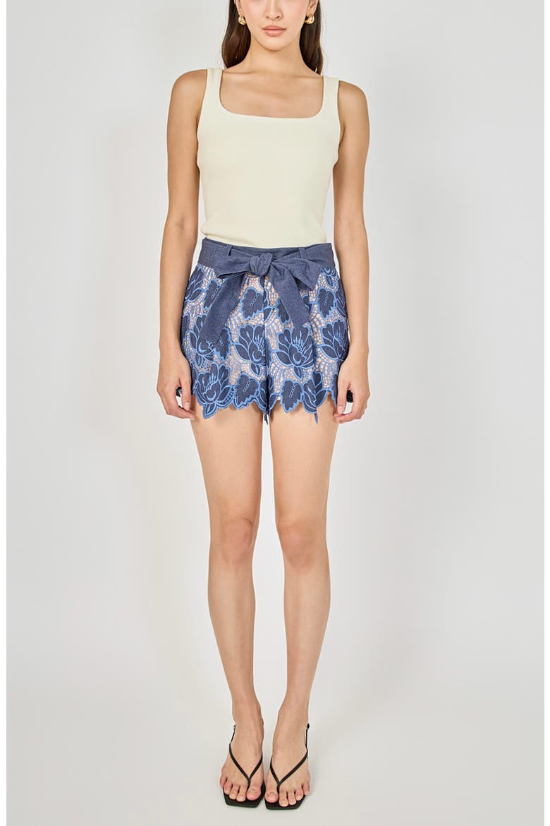 Scalloped Hem Lace High Waist Shorts, Alternate, color, DARK NAVY