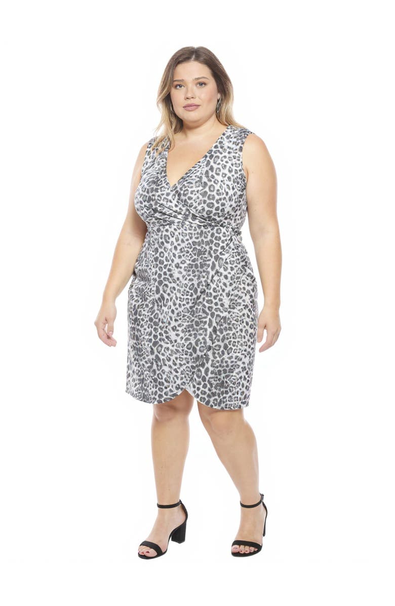 24seven Comfort Apparel Plus Size Cheetah V-Neck Sleeveless Faux Wrap Tulip Hem Midi Dress, Alternate, color, Black Multi