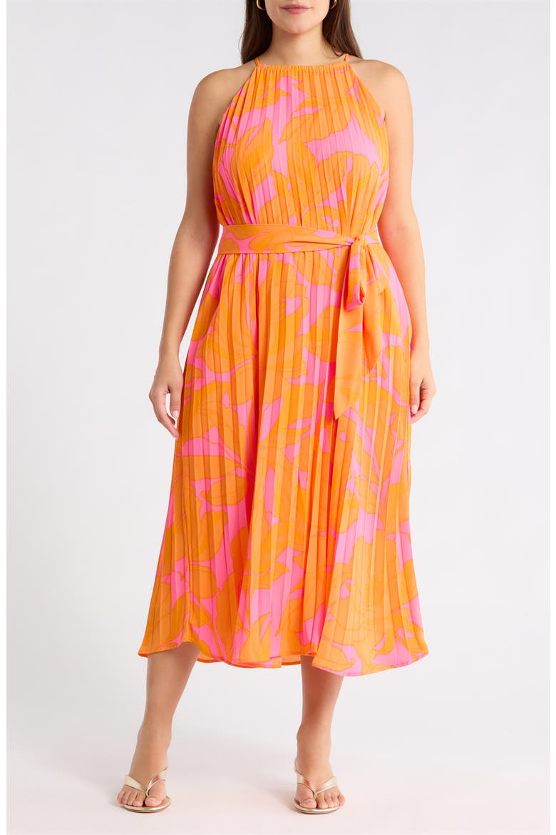 Mexia Floral Maly Pleated Midi Dress, Main, color, ORANGE-PINK-MUL