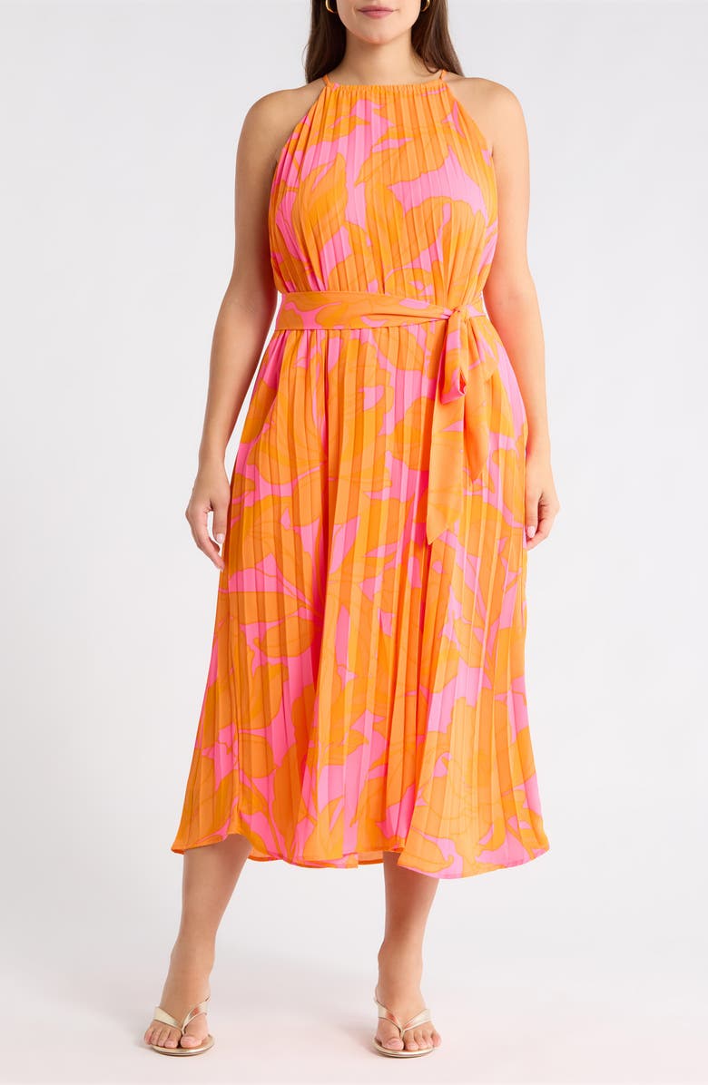 SUGARLIPS Mexia Floral Maly Pleated Midi Dress, Main, color, Orange-Pink-Mul