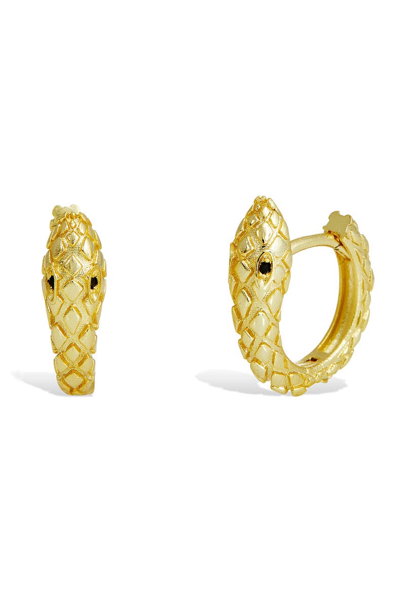 18K Yellow Gold Vermeil Black CZ Snake Huggie Earrings, Main, color, YELLOW