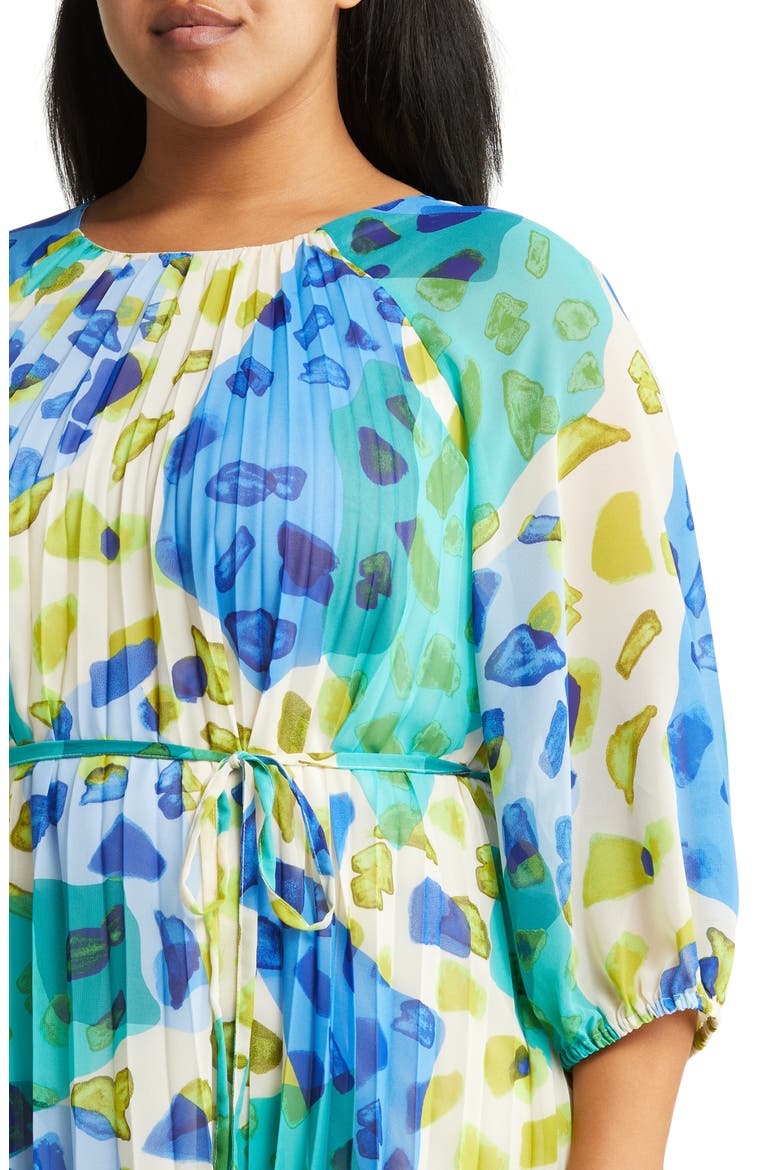 Print Pleated Chiffon Trapeze Dress, Alternate, color, SOFT BEIGE/ LIGHT TEAL