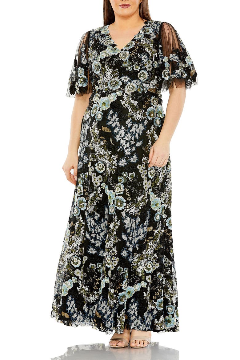 Sheer Sleeve V Neck Floral Embroidered Gown, Main, color, Black Multi