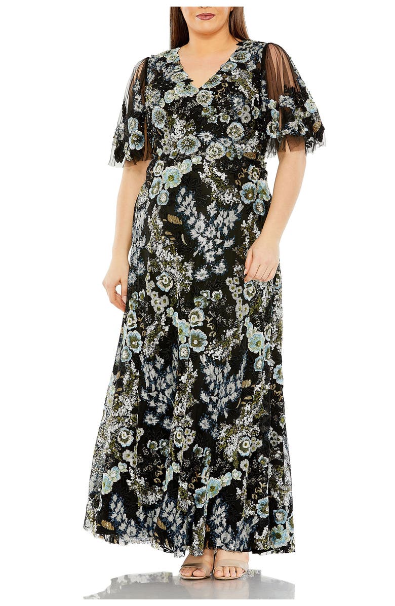 Mac Duggal Sheer Sleeve V Neck Floral Embroidered Gown, Main, color, Black Multi