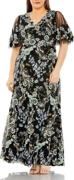 Mac Duggal Sheer Sleeve V Neck Floral Embroidered Gown