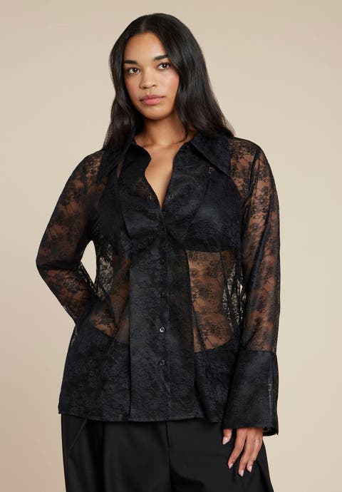 Sheer Lace Button Up Top (Plus Available)