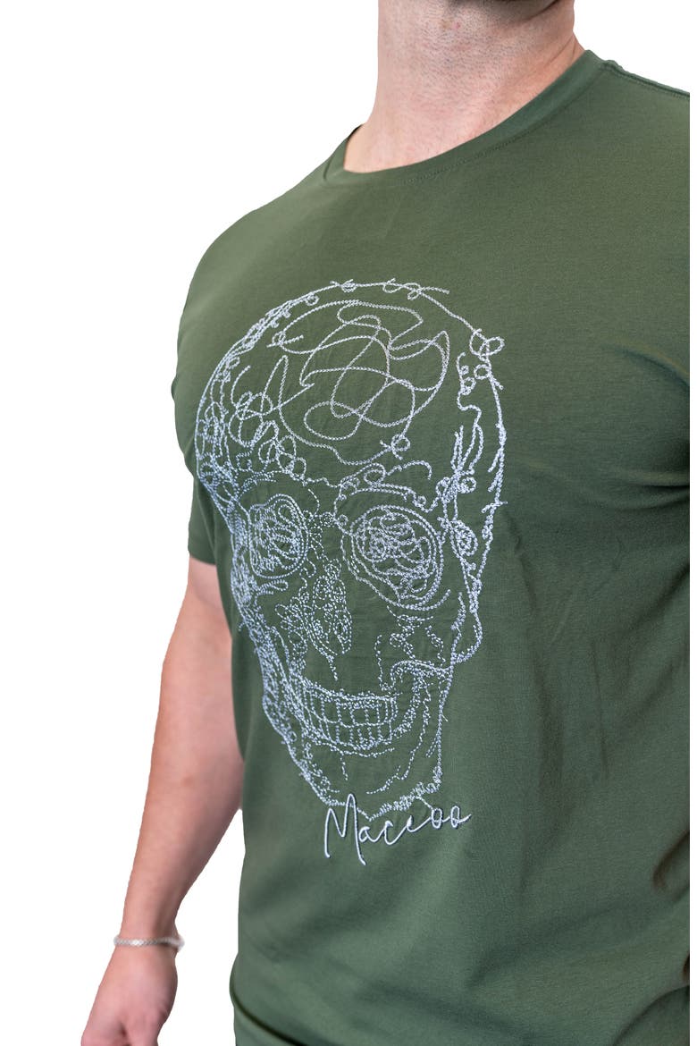 Screbbleskull Armygreen Embroidered Skull Stretch Cotton T-Shirt, Alternate, color, GREEN