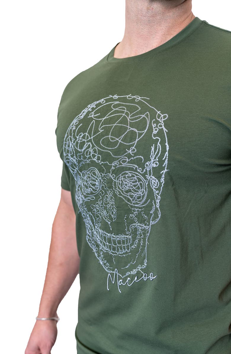 Maceoo Screbbleskull Armygreen Embroidered Skull Stretch Cotton T-Shirt, Alternate, color, Green