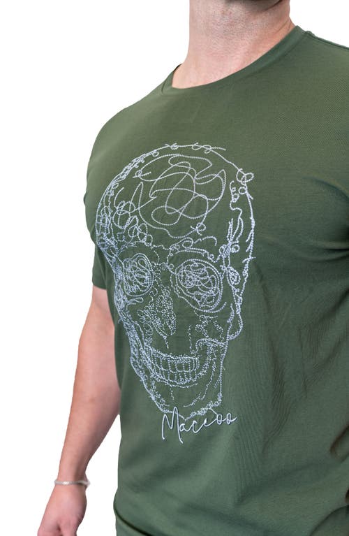 Maceoo Screbbleskull Armygreen Embroidered Skull Stretch Cotton T-shirt In Green