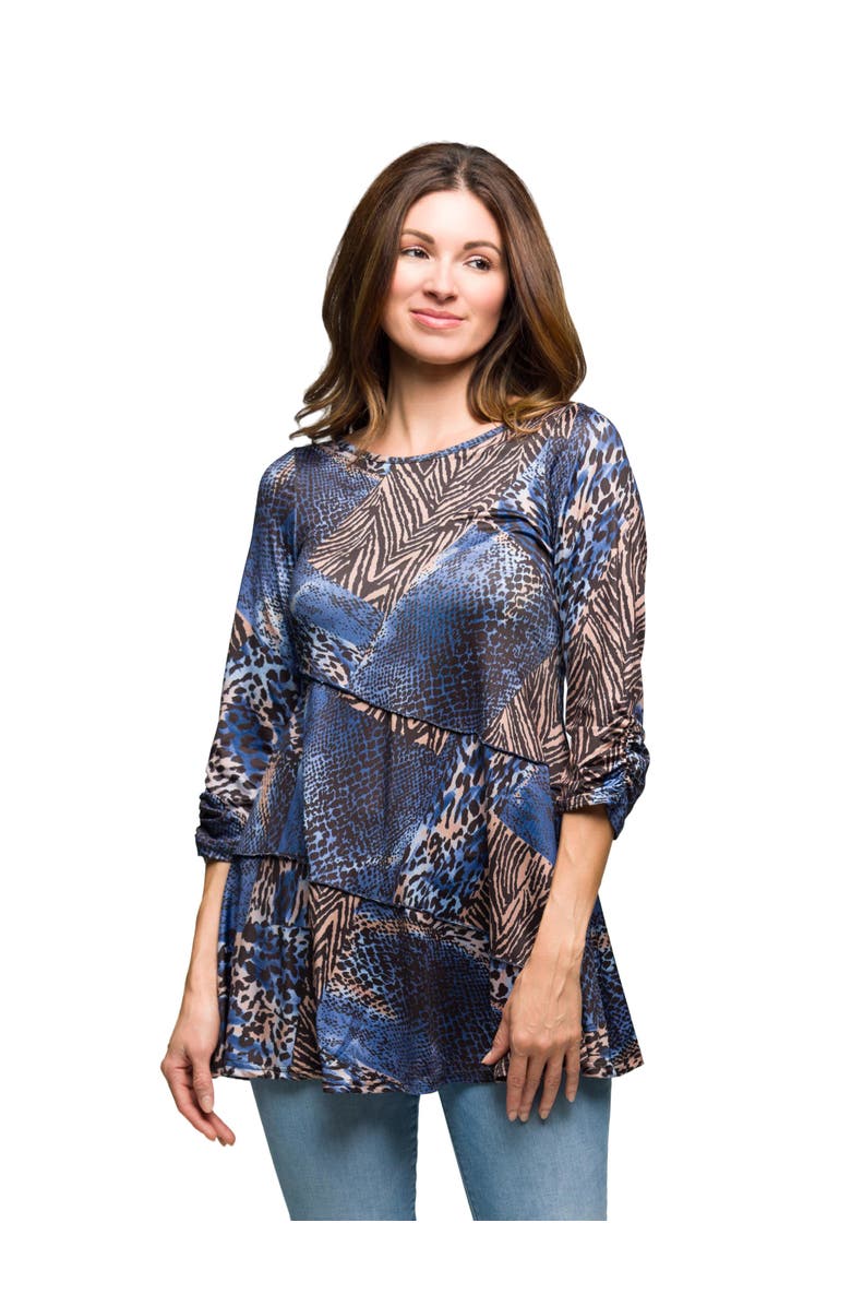 24seven Comfort Apparel Three Quarter Sleeve Tunic Top Animal Print, Main, color, Brown Multi