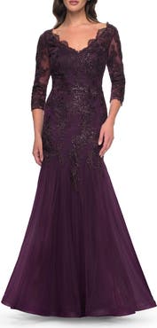 La Femme Mermaid Tulle and Lace Dress with Scallop Detailed Neckline