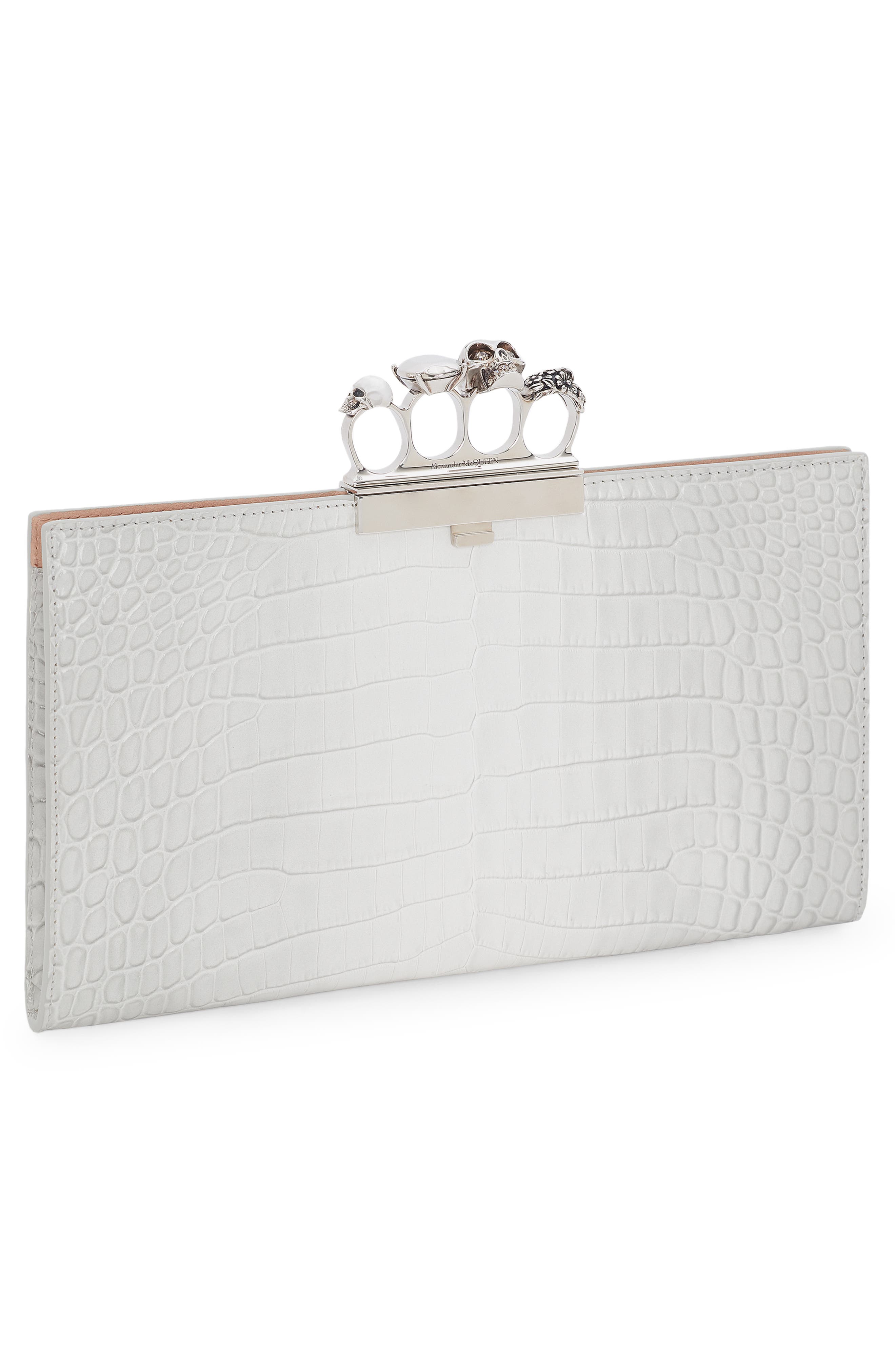 McQueen Jewelled Four-Ring Flat Pouch Ombré Croc Embossed Leather Clutch, Alternate, color, 