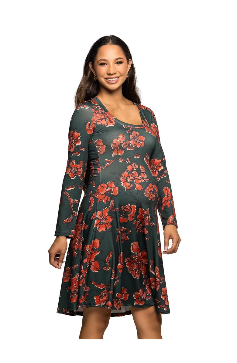 24seven Comfort Apparel Long Sleeve Fit and Flare Dress in Floral Print, Alternate, color, Green Multi
