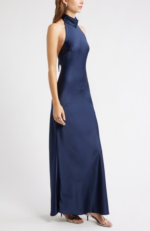 Open Edit Sleeveless Satin Halter Dress In Blue