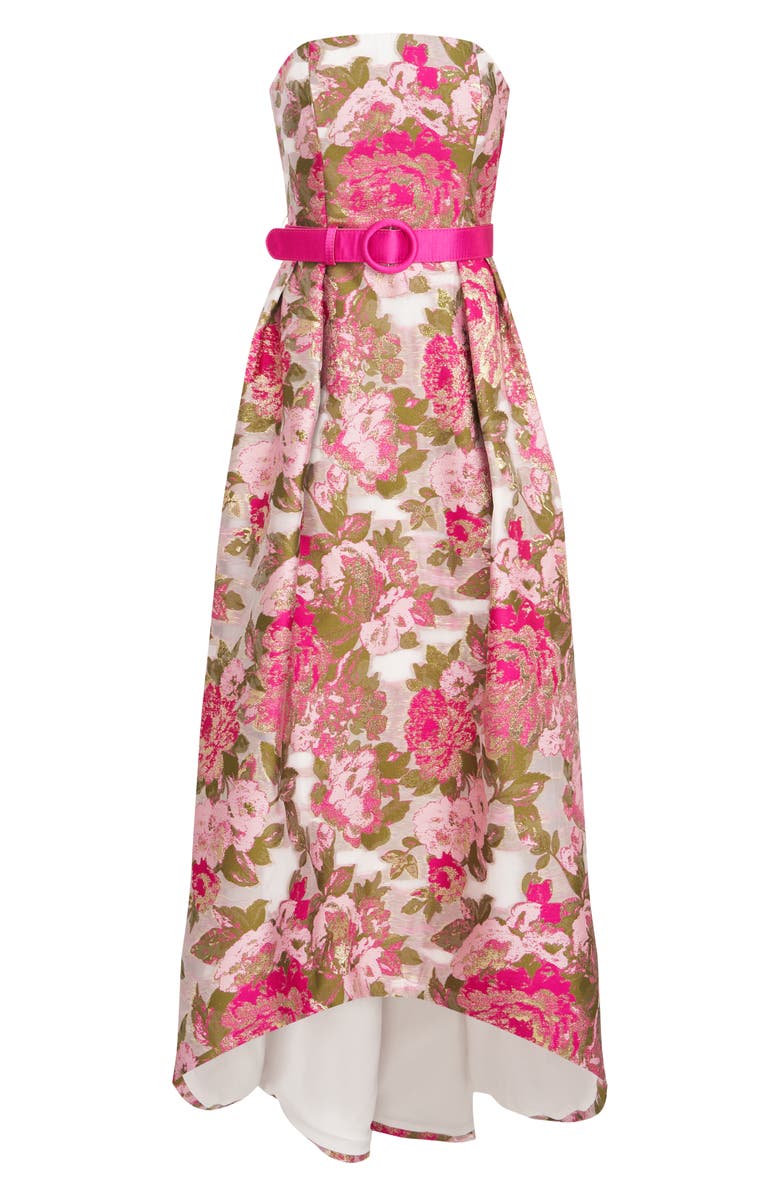 Kay Unger Bella Floral Jacquard Metallic Belted High-Low Gown, Alternate, color, Wild Raspberry