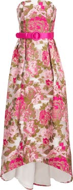 Kay Unger Bella Floral Jacquard Metallic Belted High-Low Gown