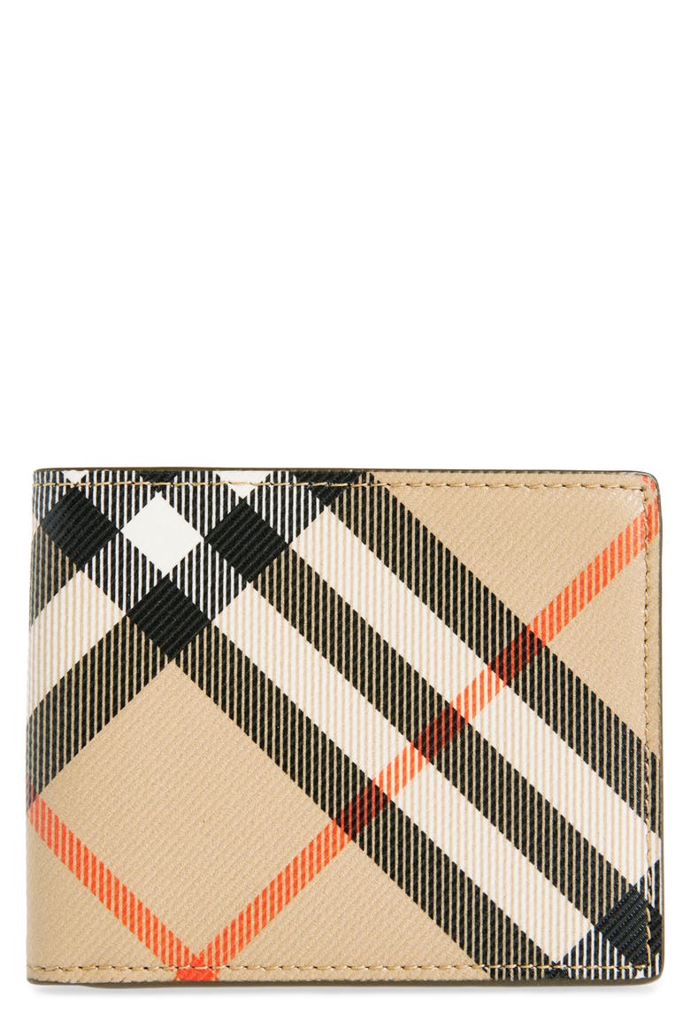 Check Coated Canvas & Leather Bifold Wallet, Main, color, SAND
