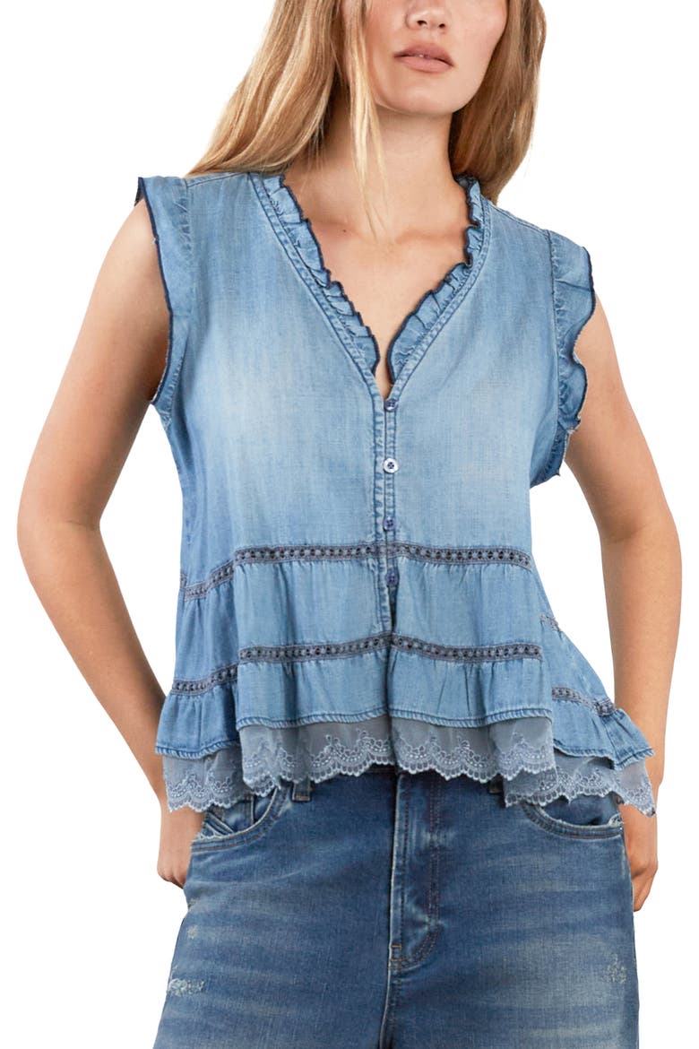 Lovesick Flounce Sleeveless Denim Top, Main, color, DENIM