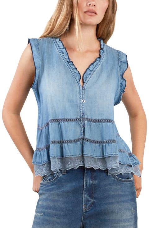 Lovesick Flounce Sleeveless Denim Top