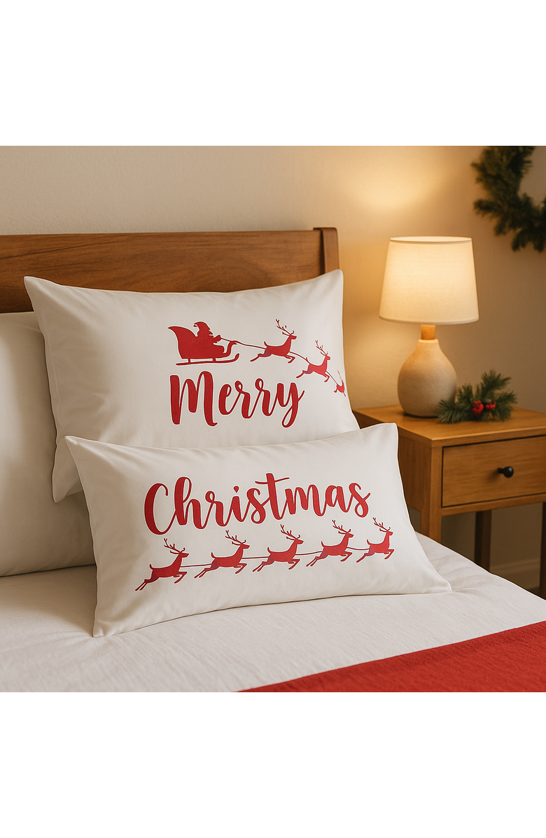 C&F Home "Merry Christmas" Santa Sleigh & Reindeer Cotton Blend Set of 2 Pillowcases 20" x 30", Alternate, color, White