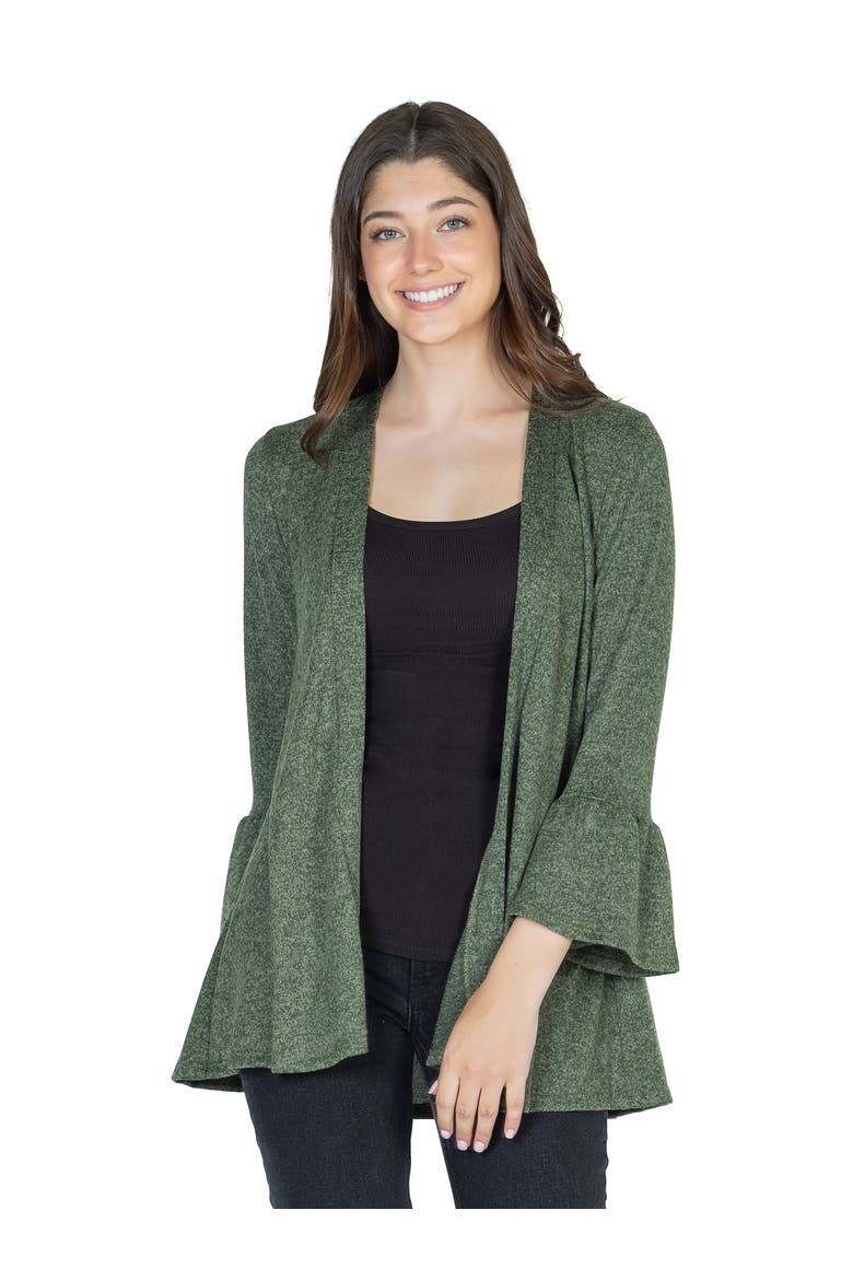 Womens Knit Three Quarter Bell Sleeve Open Cardigan, Main, color, Olive