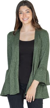 24seven Comfort Apparel Womens Knit Three Quarter Bell Sleeve Open Cardigan
