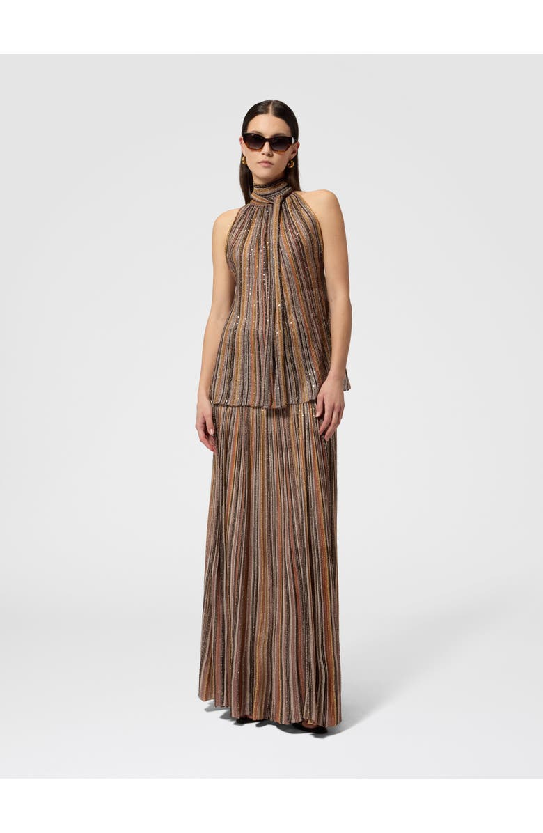 Missoni Sleeveless Top In Ribbed Viscose Lamé With Scarf Collar, Alternate, color, Green& Brown