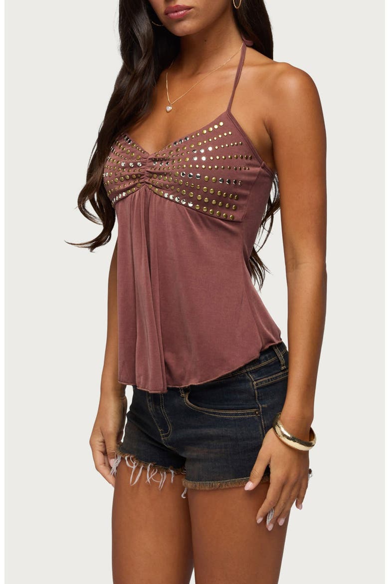 Ivana Studded Halter Top, Alternate, color, BROWN