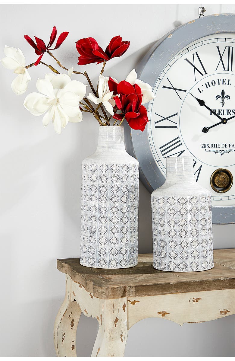 COSMO BY COSMOPOLITAN Large Round Blue & White French Country Rosette Ceramic Floor Vase, Alternate, color, 