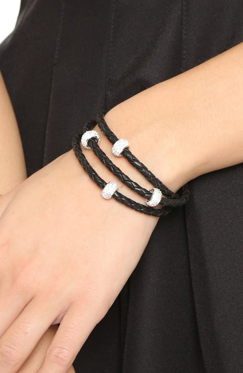 Liza Schwartz Bedazzle Braided Leather Pavé CZ Sterling Silver Bead Triple Wrap Bracelet, Alternate, color,