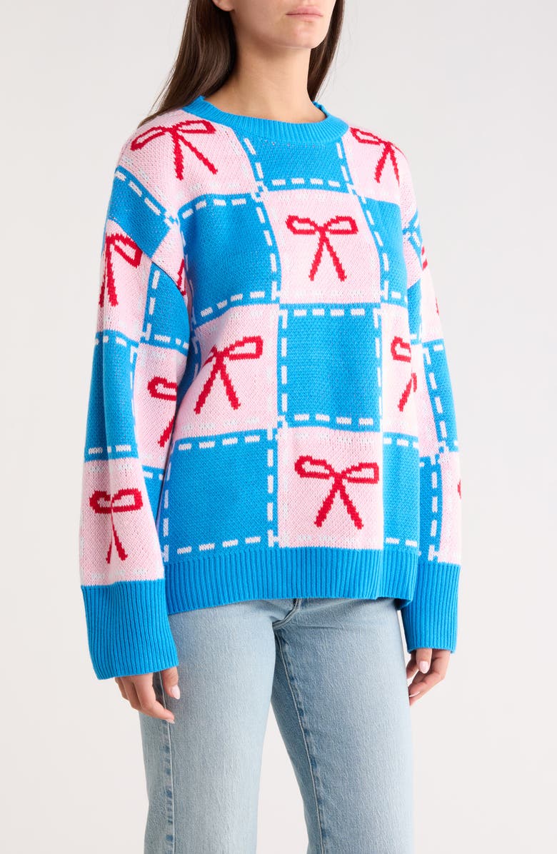 SUGARLIPS Belora Check Bow Oversize Sweater, Alternate, color, Blue-Multi