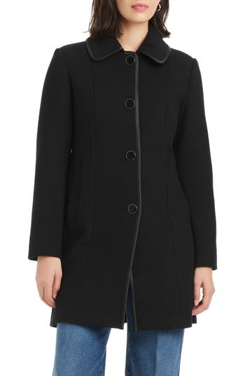 Kate Spade New York Satin Pipe Trim Wool Blend Coat In Black