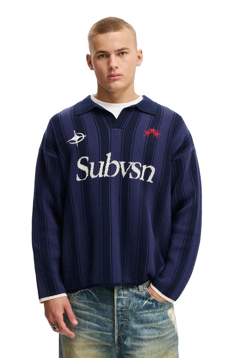 Cotton On Men's Box Fit Rugby Polo, Main, color, Navy Stripe