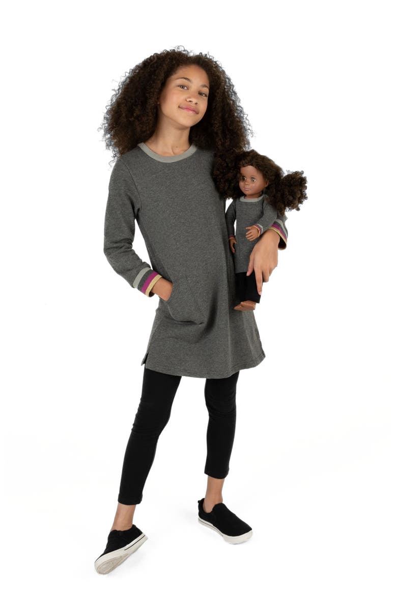 Girls Sweatshirt Dress with Matching Doll Dress, Alternate, color, DARK GREY