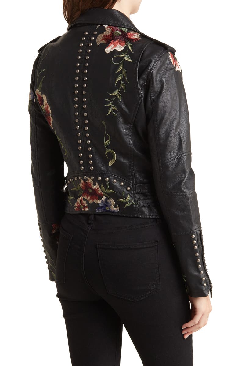 BLANKNYC Floral Embroidered Studded Faux Leather Moto Jacket, Alternate, color, 